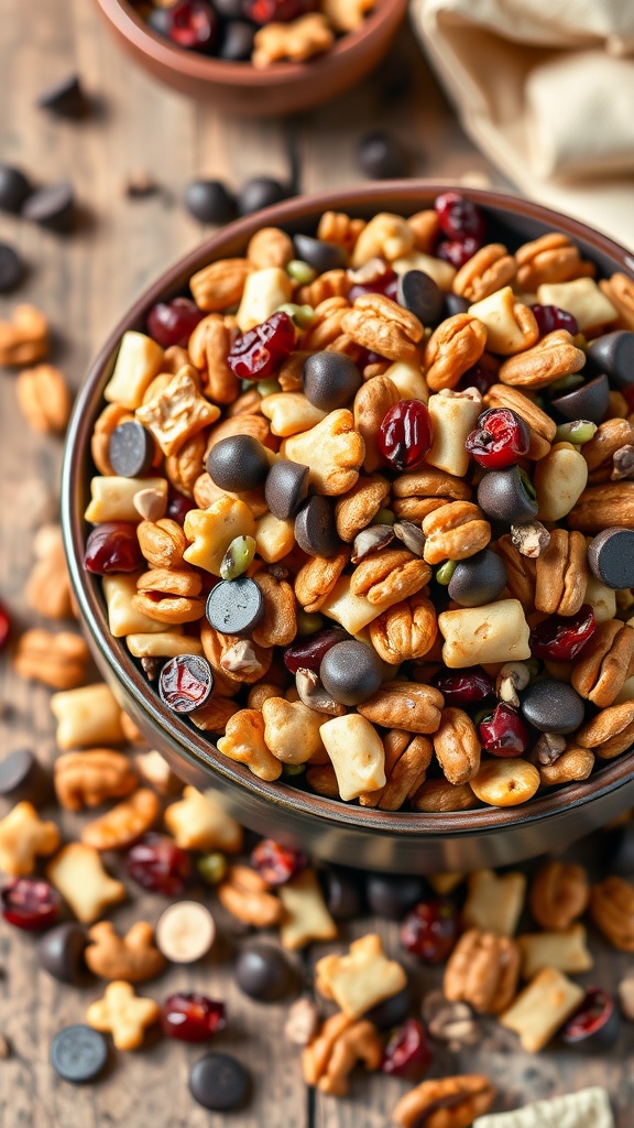 A colorful bowl of crunchy snack mix with nuts, seeds, dried cranberries, and chocolate chips on a wooden table.
